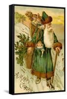 Father Christmas Dressed in Green Carrying Baskets of Toys and Holly, Beatrice Litzinger Collection-null-Framed Stretched Canvas