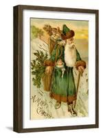 Father Christmas Dressed in Green Carrying Baskets of Toys and Holly, Beatrice Litzinger Collection-null-Framed Art Print