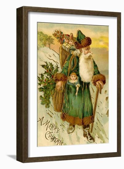 Father Christmas Dressed in Green Carrying Baskets of Toys and Holly, Beatrice Litzinger Collection-null-Framed Art Print