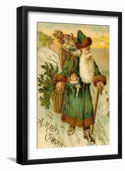 Father Christmas Dressed in Green Carrying Baskets of Toys and Holly, Beatrice Litzinger Collection-null-Framed Art Print