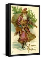 Father Christmas Dressed in Pink Carrying Pack of toys and Pine Tree, Beatrice Litzinger Collection-null-Framed Stretched Canvas