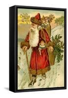 Father Christmas Dressed in Red Walking with a Gold Metallic Cane, Beatrice Litzinger Collection-null-Framed Stretched Canvas