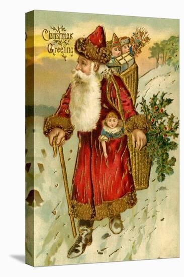 Father Christmas Dressed in Red Walking with a Gold Metallic Cane, Beatrice Litzinger Collection-null-Stretched Canvas
