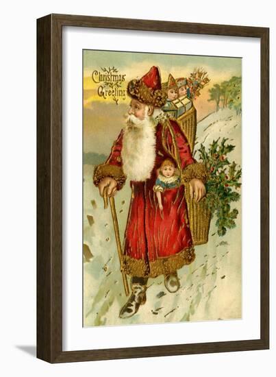 Father Christmas Dressed in Red Walking with a Gold Metallic Cane, Beatrice Litzinger Collection-null-Framed Art Print