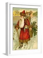 Father Christmas Dressed in Red Walking with a Gold Metallic Cane, Beatrice Litzinger Collection-null-Framed Art Print
