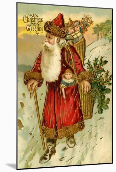 Father Christmas Dressed in Red Walking with a Gold Metallic Cane, Beatrice Litzinger Collection-null-Mounted Art Print