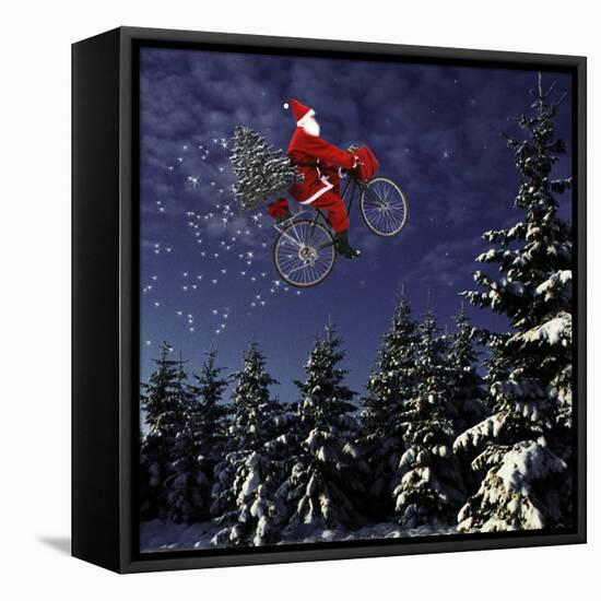 Father Christmas Flying Through Winter Landscape-null-Framed Stretched Canvas