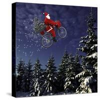 Father Christmas Flying Through Winter Landscape-null-Stretched Canvas