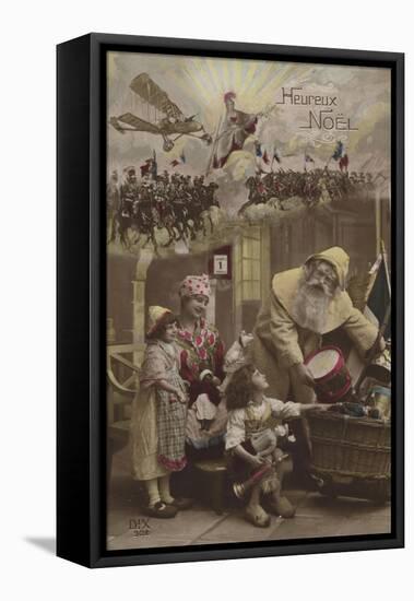 Father Christmas Giving Presents to Children, with World War I Battle in Background-null-Framed Stretched Canvas