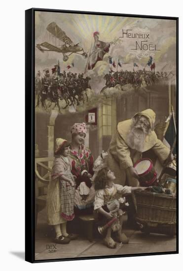 Father Christmas Giving Presents to Children, with World War I Battle in Background-null-Framed Stretched Canvas