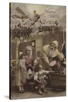 Father Christmas Giving Presents to Children, with World War I Battle in Background-null-Stretched Canvas