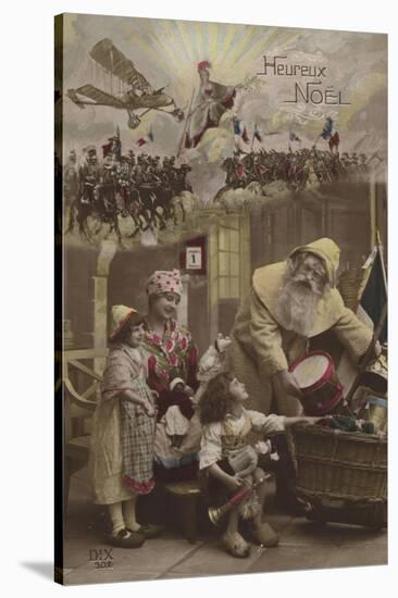 Father Christmas Giving Presents to Children, with World War I Battle in Background-null-Stretched Canvas