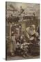 Father Christmas Giving Presents to Children, with World War I Battle in Background-null-Stretched Canvas