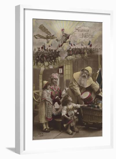 Father Christmas Giving Presents to Children, with World War I Battle in Background-null-Framed Giclee Print