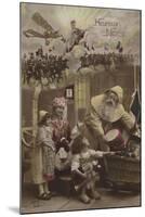 Father Christmas Giving Presents to Children, with World War I Battle in Background-null-Mounted Giclee Print