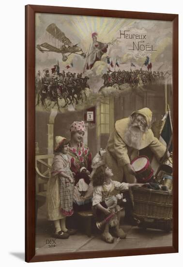 Father Christmas Giving Presents to Children, with World War I Battle in Background-null-Framed Giclee Print