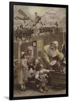 Father Christmas Giving Presents to Children, with World War I Battle in Background-null-Framed Giclee Print