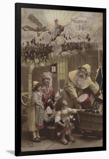 Father Christmas Giving Presents to Children, with World War I Battle in Background-null-Framed Giclee Print