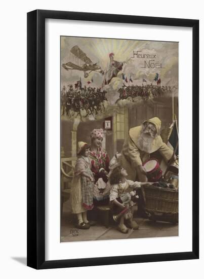 Father Christmas Giving Presents to Children, with World War I Battle in Background-null-Framed Giclee Print