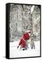 Father Christmas in Snow Behind Tree-null-Framed Stretched Canvas