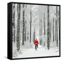 Father Christmas on a Bicycle in Snow-null-Framed Stretched Canvas