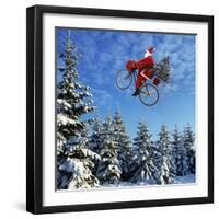 Father Christmas on Bicycle Flying Through the Air-null-Framed Photographic Print
