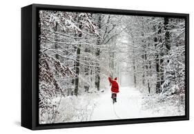 Father Christmas Riding Bicycle Through Beech-null-Framed Stretched Canvas