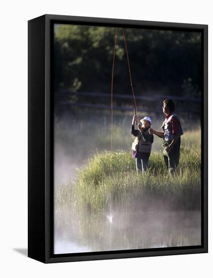 Father Fly Fishing with His Daughter-null-Framed Stretched Canvas