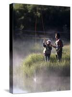 Father Fly Fishing with His Daughter-null-Stretched Canvas