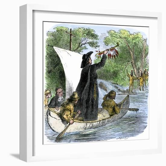 Father Jacques Marquette Holding a Peace Pipe to Greet Native Americans, c.1673-null-Framed Giclee Print