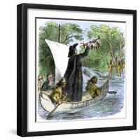 Father Jacques Marquette Holding a Peace Pipe to Greet Native Americans, c.1673-null-Framed Premium Giclee Print