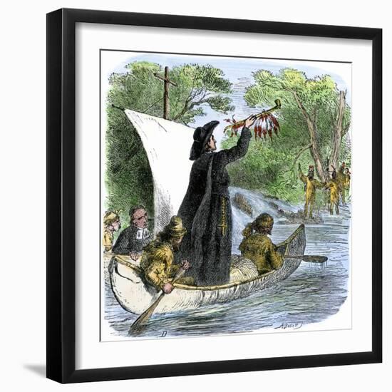 Father Jacques Marquette Holding a Peace Pipe to Greet Native Americans, c.1673-null-Framed Premium Giclee Print