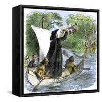 Father Jacques Marquette Holding a Peace Pipe to Greet Native Americans, c.1673-null-Framed Stretched Canvas