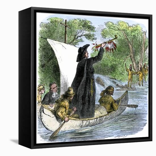 Father Jacques Marquette Holding a Peace Pipe to Greet Native Americans, c.1673-null-Framed Stretched Canvas