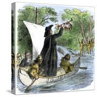 Father Jacques Marquette Holding a Peace Pipe to Greet Native Americans, c.1673-null-Stretched Canvas