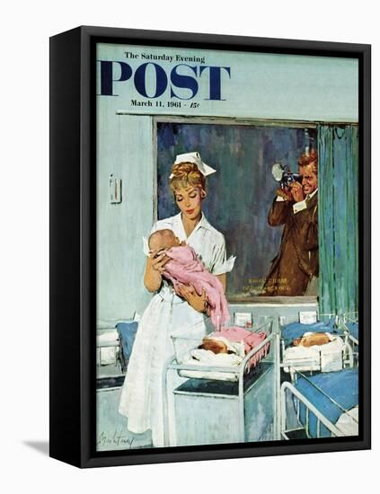 "Father Takes Picture of Baby in Hospital," Saturday Evening Post Cover, March 11, 1961-M. Coburn Whitmore-Framed Stretched Canvas