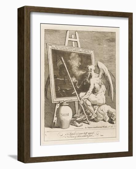 Father Time Stares Glumly into a Dark Painting as His Scythe Accidentally Rips the Canvas-William Hogarth-Framed Art Print