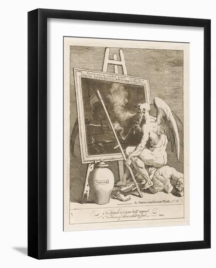 Father Time Stares Glumly into a Dark Painting as His Scythe Accidentally Rips the Canvas-William Hogarth-Framed Art Print