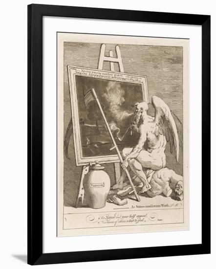 Father Time Stares Glumly into a Dark Painting as His Scythe Accidentally Rips the Canvas-William Hogarth-Framed Art Print