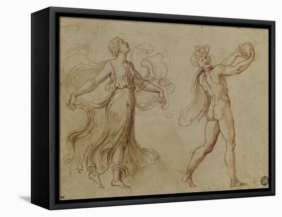 Faune nu jouant d'un instrument de musique suivi d'une bacchante dansant-Romano Giulio-Framed Stretched Canvas