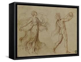 Faune nu jouant d'un instrument de musique suivi d'une bacchante dansant-Romano Giulio-Framed Stretched Canvas