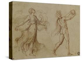 Faune nu jouant d'un instrument de musique suivi d'une bacchante dansant-Romano Giulio-Stretched Canvas