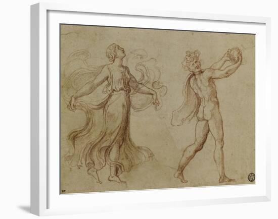 Faune nu jouant d'un instrument de musique suivi d'une bacchante dansant-Romano Giulio-Framed Giclee Print