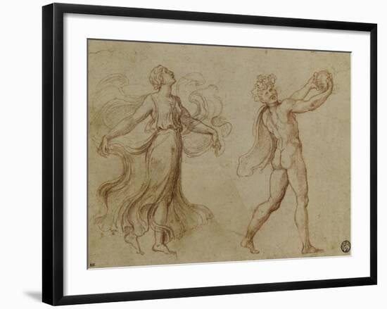 Faune nu jouant d'un instrument de musique suivi d'une bacchante dansant-Romano Giulio-Framed Giclee Print