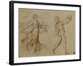 Faune nu jouant d'un instrument de musique suivi d'une bacchante dansant-Romano Giulio-Framed Giclee Print