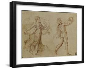 Faune nu jouant d'un instrument de musique suivi d'une bacchante dansant-Romano Giulio-Framed Giclee Print