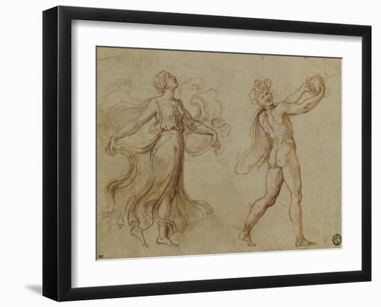 Faune nu jouant d'un instrument de musique suivi d'une bacchante dansant-Romano Giulio-Framed Giclee Print