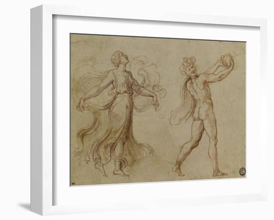 Faune nu jouant d'un instrument de musique suivi d'une bacchante dansant-Romano Giulio-Framed Giclee Print