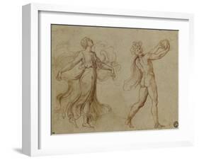 Faune nu jouant d'un instrument de musique suivi d'une bacchante dansant-Romano Giulio-Framed Giclee Print