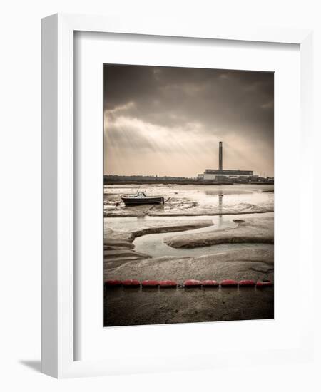 Fawley power station, a boat and a creek meandering through the mudflats all lit by a broken sky, H-Matthew Cattell-Framed Photographic Print